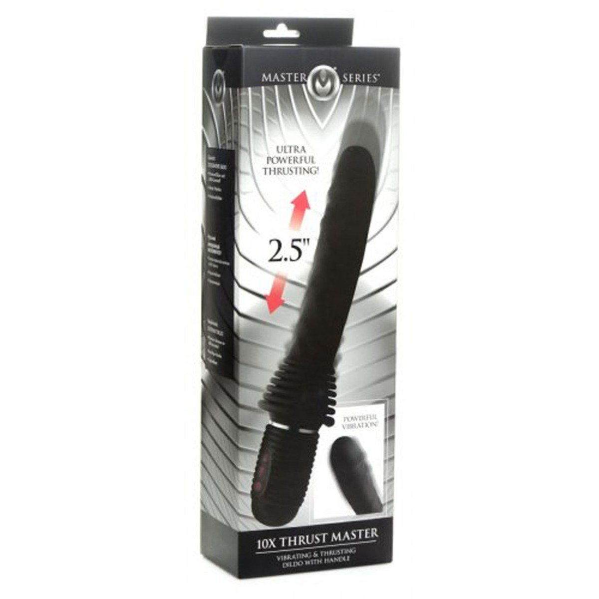 Master Series 10X Thrust Master Black Vibrating and Thrusting Dildo with Handle