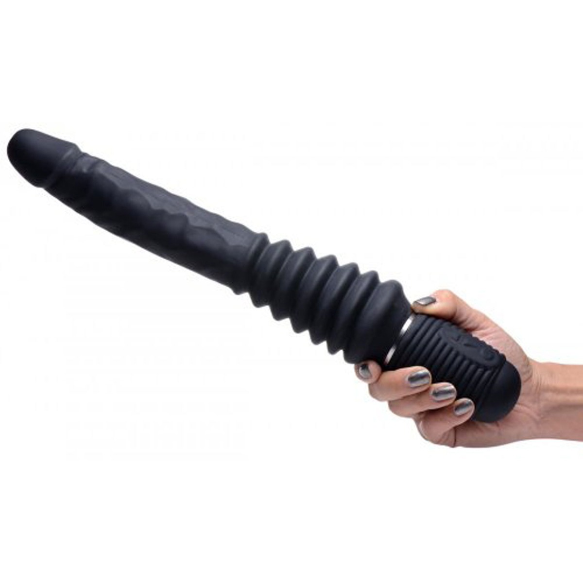 Master Series 10X Thrust Master Black Vibrating and Thrusting Dildo with Handle