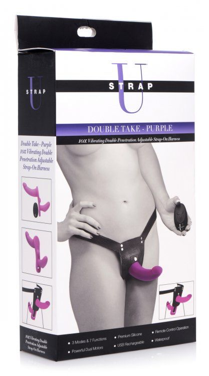 Double Take 10X Double Penetration Vibrating Strap-on Harness - Purple